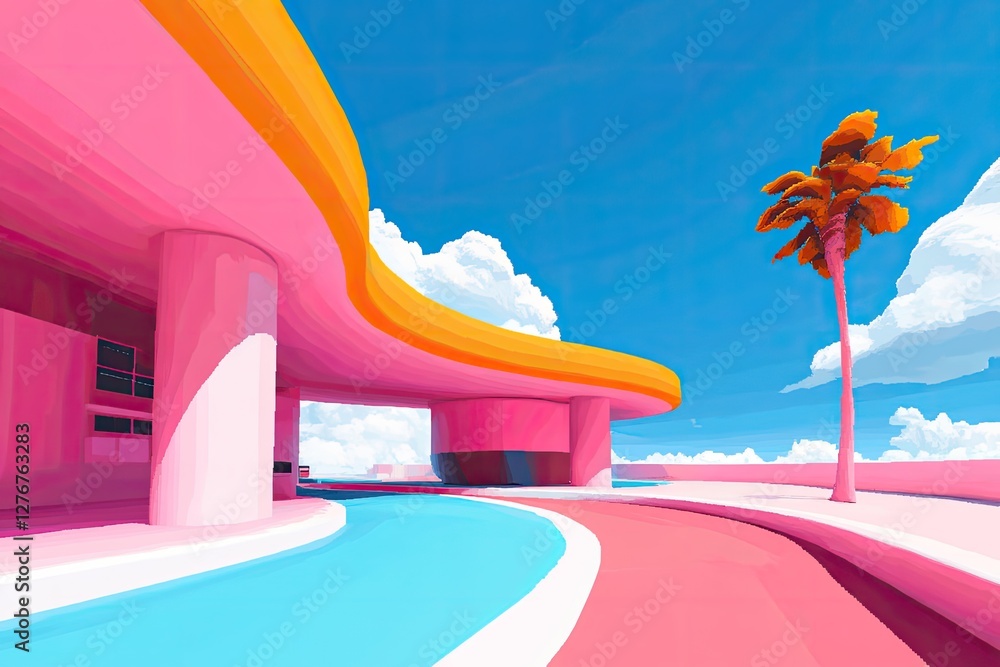 Poster vibrant pixel art scene featuring retro elements like 3d objects with bright colors and intricate de