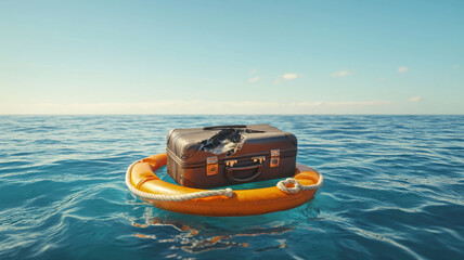 Lost baggage suitcase coverage with travel insurance protection broken suitcase floating on lifebuoy in ocean symbolizes travel insurance