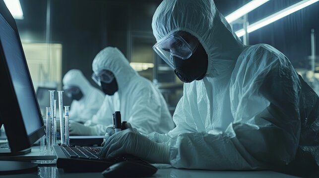 A shot of scientists in sterile suits working with computers, analyzing data from advanced industrial machinery in a laboratory setting. The focus is on the product manufacturing process - Powered by Adobe