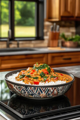 Lentil Stew with Spinach and Rice in an American Home Kitchen