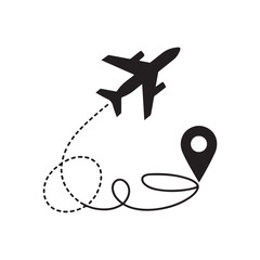 Travel route, airplane icon, location pins, black and white illustration © Mizanur Rahman