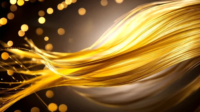 A stunning close-up of silky, smooth hair strands being nourished by golden vitamin serum droplets, glowing with hydration. The serum penetrates deep into the hair, revitalizing ea