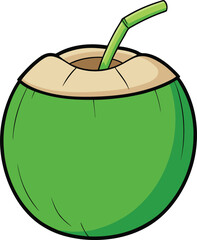 Green coconut with straw vector illustration, tropical drink, summer beverage, coconut water, refreshing, healthy, exotic fruit, tropical cocktail, beach vacation drink.

