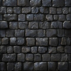 Dark stone wall texture featuring rough-hewn, grey bricks in a repeating pattern, creating a solid, aged surface.