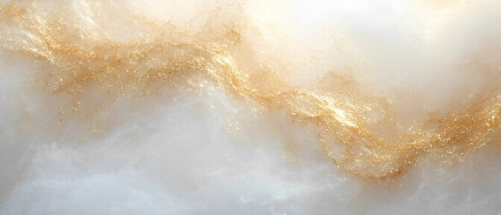 Naklejka premium Ethereal golden particles dance gracefully across a serene, cloud-like backdrop, creating a mesmerizing background that evokes a sense of celestial wonder