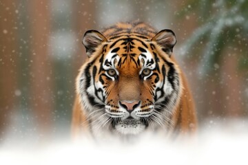 capture serene scene featuring majestic siberian tiger roaming through dense snow-covered forest with ample copy space