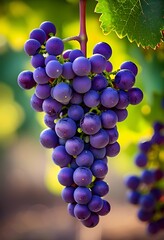 Ripe purple grapes hanging from a vine, bathed in soft sunlight, ready for harvest