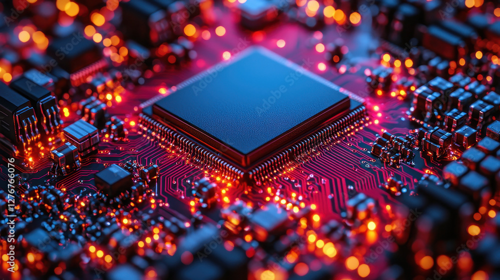 Poster exploring the intricate wiring and glowing reflections of a semiconductor chip captured through macr