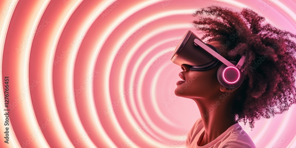 Aufkleber user engages with virtual reality technology, wearing a headset against a colorful spiral backdrop, 