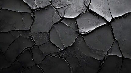 Monochrome image of a severely cracked, dark, and rough surface, showing a fractured and arid texture in grayscale.