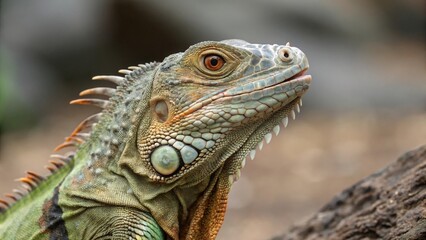 Fototapeta premium Closeup of a colorful iguana tropical forest wildlife photography natural habitat eye-level perspective