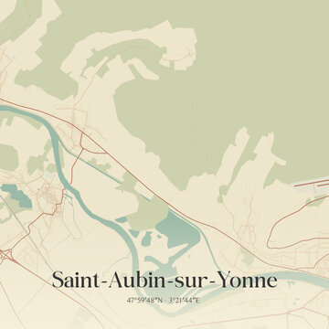 Vintage map of Saint-Aubin-sur-Yonne, France.