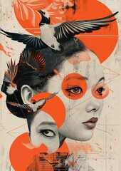 Abstract portrait of a woman with vibrant birds and geometric shapes in striking orange hues