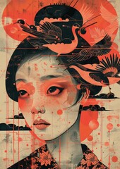 Ethereal Portrait of a Woman Surrounded by Birds and Nature in Vibrant Red and Black Color Palette
