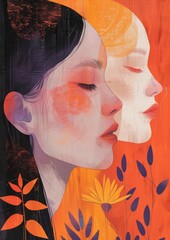 Artistic Portrait of Two Women with Serene Expressions Surrounded by Vibrant Floral Elements and Bold Colors