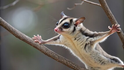 Obraz premium Sugar glider spreading its arms in a tree wildlife closeup natural habitat up-close perspective unique animal behavior
