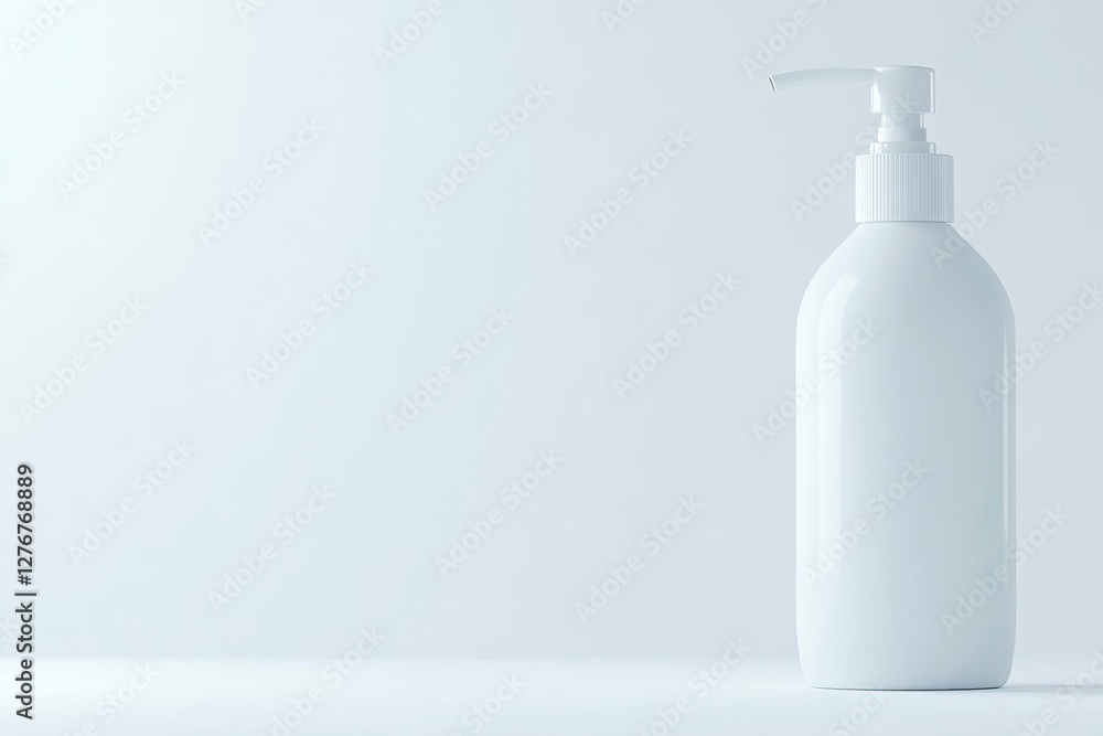 Poster clean mockup of empty lotion bottle with pump elegantly displayed on plain white background