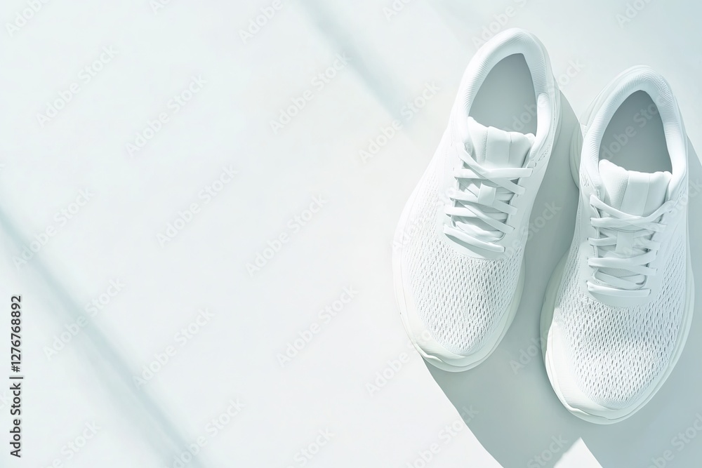 Poster clean photo of pair of running shoes placed neatly on white background surrounded by soft shadows an