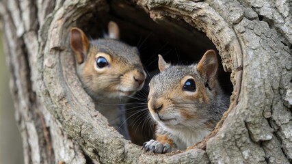 Fototapeta premium Curious squirrels peek out from tree hollow forest habitat wildlife photography natural setting close-up perspective animal behavior