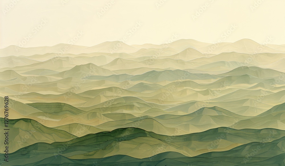 Poster serene abstract landscape with layered mountains and soft pastel tones for tranquil design projects