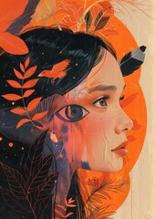 Portrait of a Young Woman Surrounded by Nature and Vibrant Colors with Intricate Illustrative Details