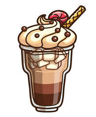 Iced coffee in a glass, decorated with cream and chocolate. Vector cartoon illustration. Isolated on white.
