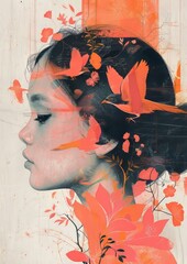 Profile of a Young Woman Surrounded by Colorful Floral and Bird Illustrations in a Dreamlike Artistic Style