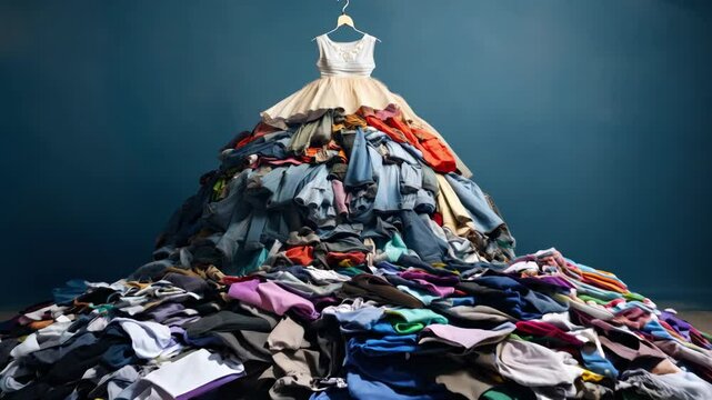 A large pile of things collected in a landfill. The concept of overconsumption, overspending and buying unnecessary things and clothes. AI generated