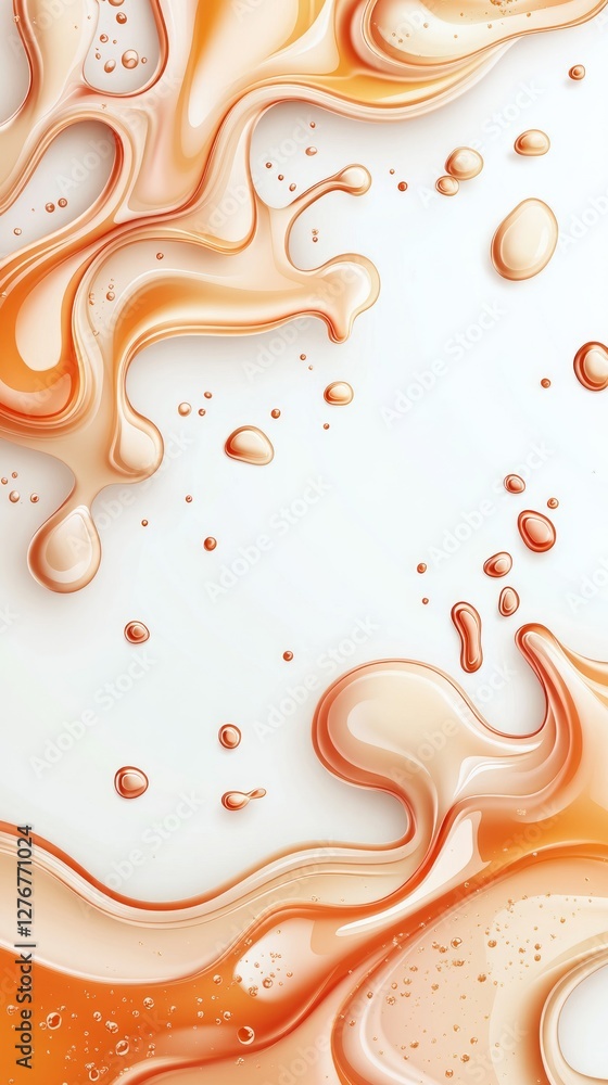 Poster creamy orange liquid forms dynamic swirls and droplets against a light background, creating an allur