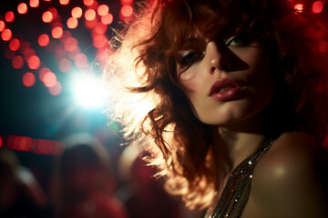 Generated with AI picture of a happy cheerful glamour e;elegant person enjoying the weekend in night club 70s 80s theme party