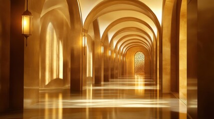 Elegant interior hallway with arches and soft golden lighting