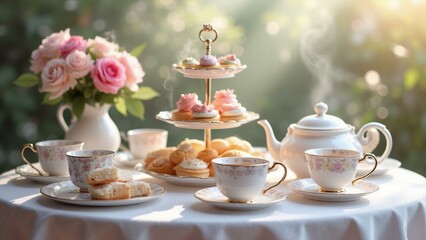 Fototapeta premium A delightful tea party scene with intricate details, featuring delicate china teacups, tiered tray with finger sandwiches and pastries, a steaming teapot, vas, ultra detailed, 8k resolution, HD