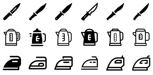 "Essential Kitchen and Outdoor Icons: Hunting Knife, Electric Kettle, and Iron Vector Set"