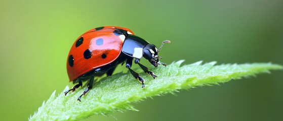 Fototapeta premium Ladybird Beetle on Green Leaf Close, Ladybird Bug