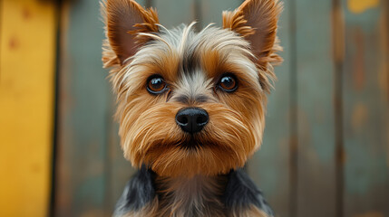 Adorable Yorkshire Terrier Portrait Photographed Against a Rustic Wooden Background