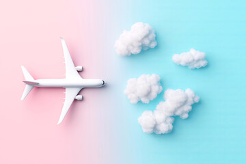 Minimalist travel concept with airplane model and fluffy clouds on colored background, copy space. Airplane flying through pastel clouds against a gradient background representing travel and adventure