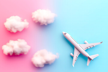 Airplane flying among clouds on a colorful gradient background representing travel and adventure. Minimalist travel concept with airplane toy model and fluffy clouds on colored background, copy space.