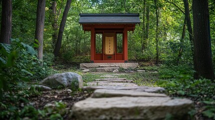 Serene Red Wooden Shrine In A Lush Green Forest
