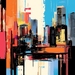 Abstract cityscape, vibrant colors, modern buildings, background art, graphic design