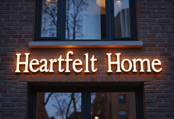 Obraz premium Heartfelt Home Lit Sign on Brick Building with Window Reflections