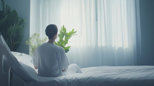 Hospital discharge process with a patient and nurse in a peaceful room. Featuring recovery and reassurance