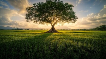 Obraz premium Majestic Tree Stands Tall In Green Rice Field At Sunset