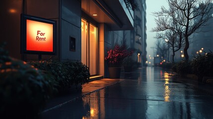 Rainy night, city apartment for rent, street view