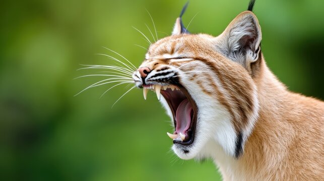 A lynx with its mouth wide open, revealing sharp teeth, against a blurred green backdrop.