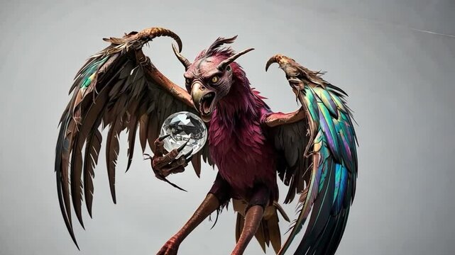 A mystical eldritch harpy, brought to life with AI animation, clutching a glowing crystal of power