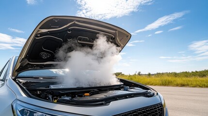 Overheated car engine releases steam hood open on roadside under blue sky indicating a vehicle breakdown.