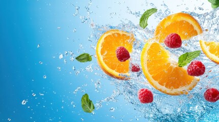 Orange slices and raspberries splashing in water with mint leaves, on a blue background, creating a...