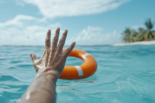 Hand reaching for life preserver in blue water, near tropical island, seeking rescue.