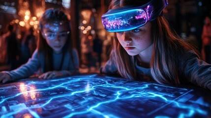 Experience futuristic urban celebrations at A trendy rooftop party with people enjoying immersive AR entertainment Discover city views, augmented reality games, and vibrant nightlife Ideal for event