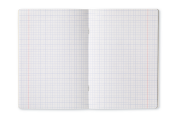 An empty grid notebook lies open on a clean surface, displaying its blank pages